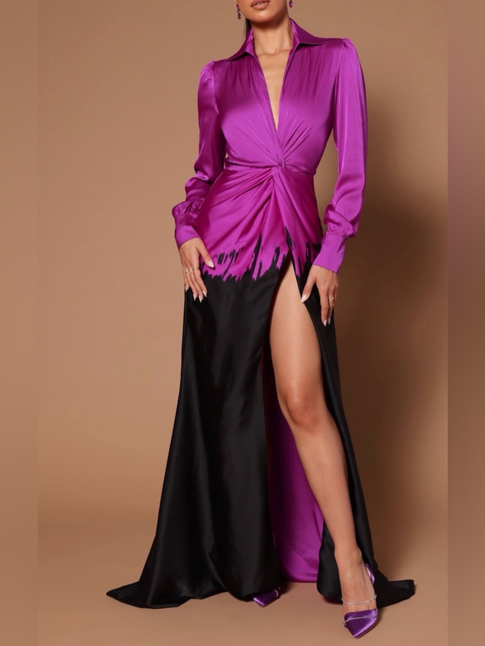 Fashion Nova Mikaela Fuchsia & black ombré Satin maxi Dress